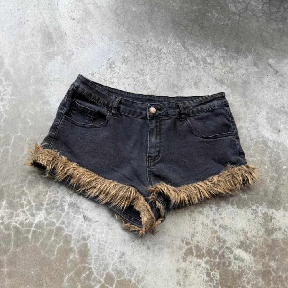 Vintage 2000's black denim fur lined short shorts
